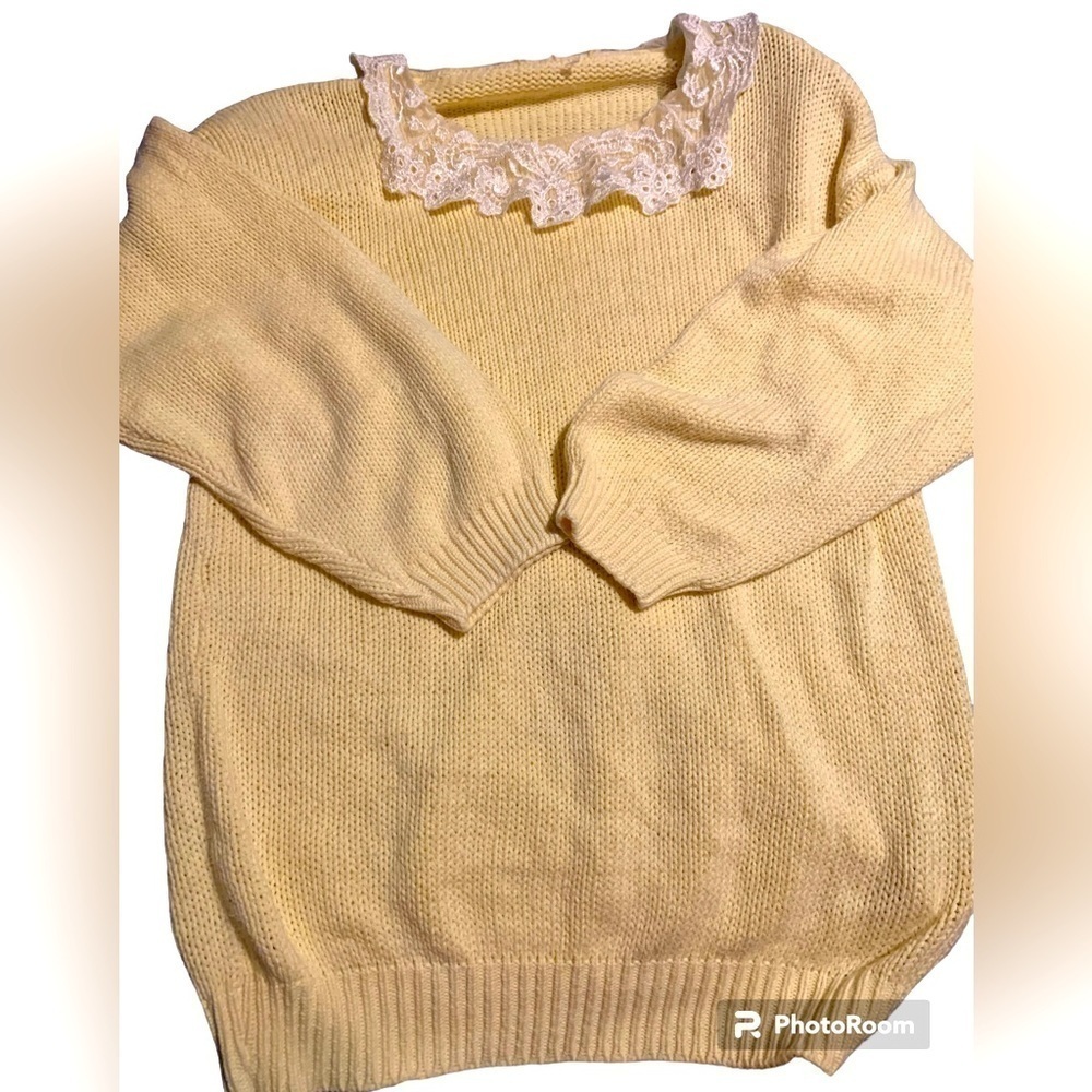 EUC Vintage 80s oversized Large Cotton Sweater with shoulder pads Lace Collar - Picture 5 of 5